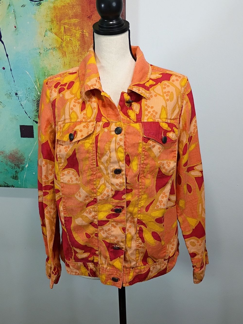 Lucy & Laurel Women's Lightweight Orange Geo Multi-Print Jacket 100% Linen